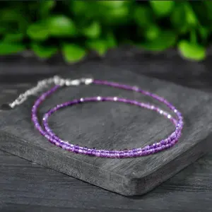 Women's 2mm Natural Faceted Tiny Amethyst Beads Choker - Dainty Minimalist Amethyst Crystal Necklace, Purple Crystal Semiprecious Stone Jewelry Gift, Amethyst Crystal Necklaces, Purple Crystal Necklaces