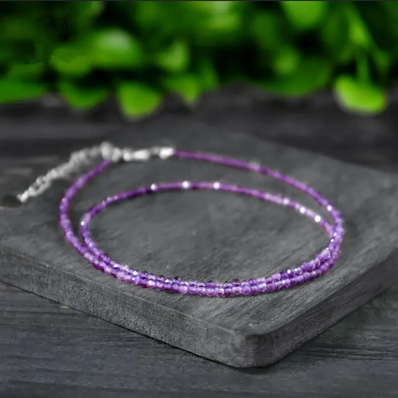 Women's 2mm Natural Faceted Tiny Amethyst Beads Choker - Dainty Minimalist Amethyst Crystal Necklace, Purple Crystal Semiprecious Stone Jewelry Gift, Amethyst Crystal Necklaces, Purple Crystal Necklaces