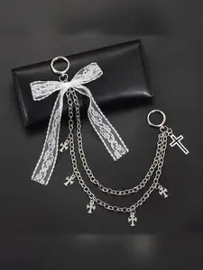 Fashionable Lace Bow Keychain, Silver Color Long Chain Cross Pendant, Casual Bag Decoration, New Trendy Hanging Accessory, Gothic Cross Keychain