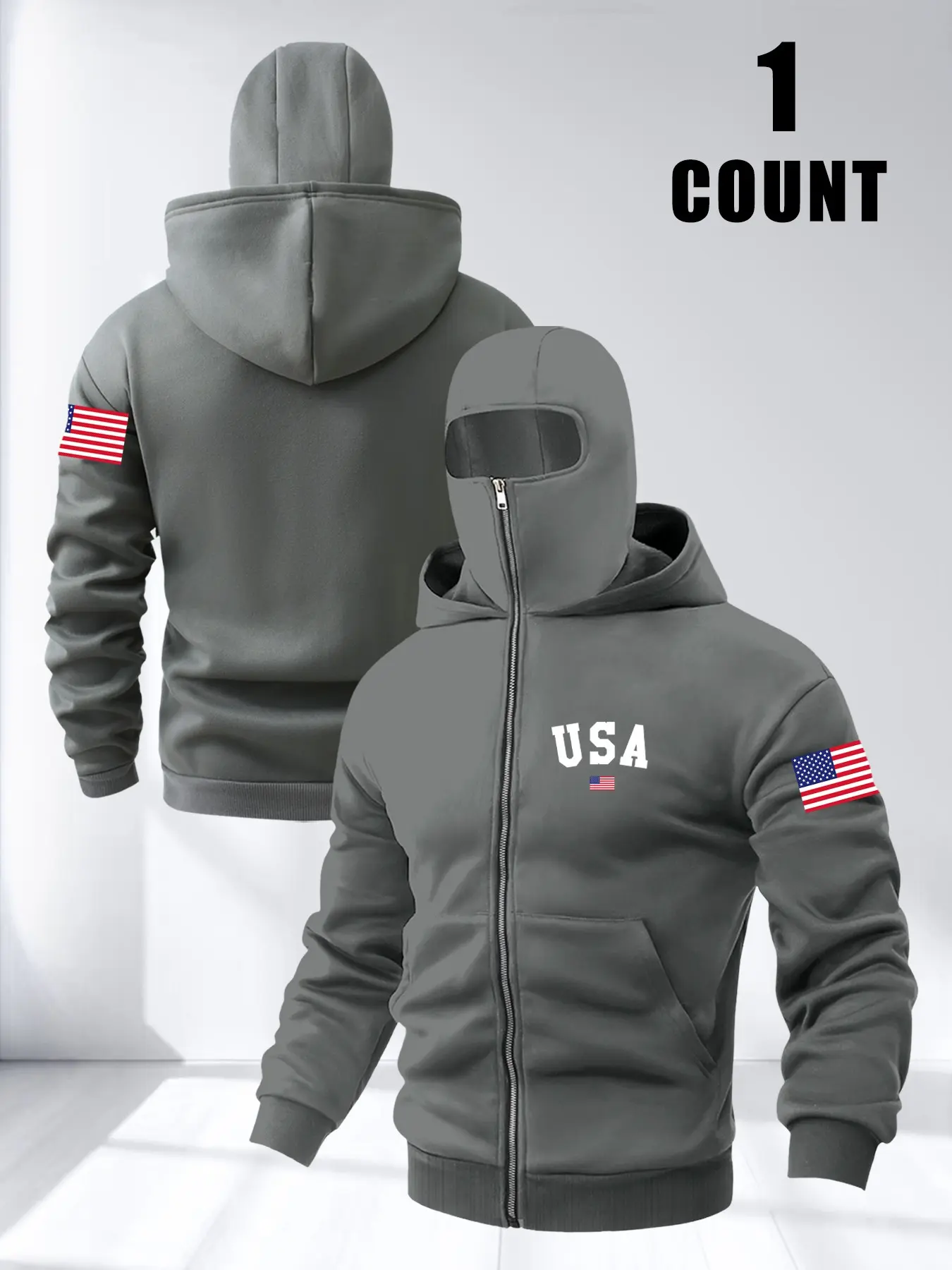 Men's Fall Winter Fleece Hoodie, Windproof Face Mask Zipper Design, Usa Flag Graphic, Casual Loose Fit Long Sleeve Jacket