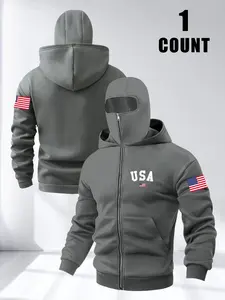 Men's Fall Winter Fleece Hoodie, Windproof Face Mask Zipper Design, Usa Flag Graphic, Casual Loose Fit Long Sleeve Jacket
