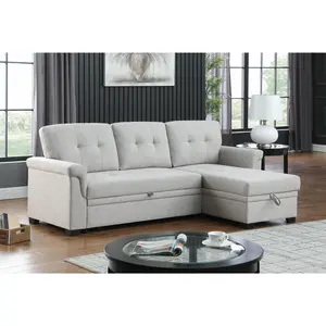 Lucca Light Gray Linen Reversible Sleeper Sectional Sofa with Storage Chaise