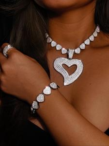 luxury rhinestone decorated heart design pendant necklace & bracelet (2pcs/set), gorgeous fashion jewelry set for women & girls, elegant all-match fashion accessories for daily wear, mother's day gift