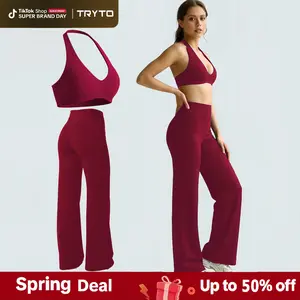 TRYTO Two-Pieces Suit SoftMotion Straight Leg Bottoms&Minimal Halter Neck Bralette, Seamless Yoga Gym Activewear Set