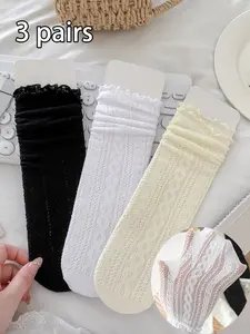 Women's Spring Summer Simple Solid Color Mesh Knit Socks, Comfortable Breathable Versatile Sweet Cute Mid-Calf Socks, 3 Pairs