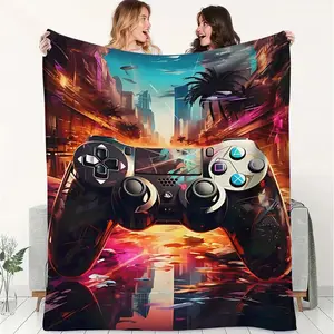 Futuristic PlayStation Controller Blanket, Soft Flannel Throw Blanket with Neon Cityscape Design, Perfect for Home Decor, Camping Trips, and Office Warmth, Ideal Gift for Gamers and Tech Lovers