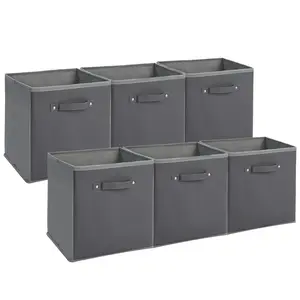 6-Pack 11 Inch Fabric Storage Bins with Faux Leather Handles, Foldable Cube Organizer Baskets for Shelves and Closet, Collapsible Storage Boxes for Clothes Toys, Gray