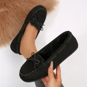 Women's Comfort Plush Lined Loafers Suede Bow Decor Casual Daily Winter Footwear Indoor Outdoor Shoes