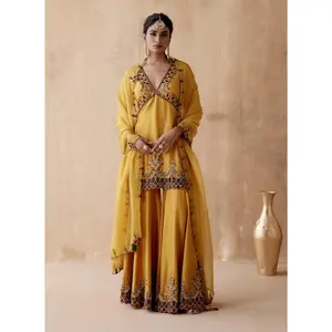 Mustard floral embroidery sharara set