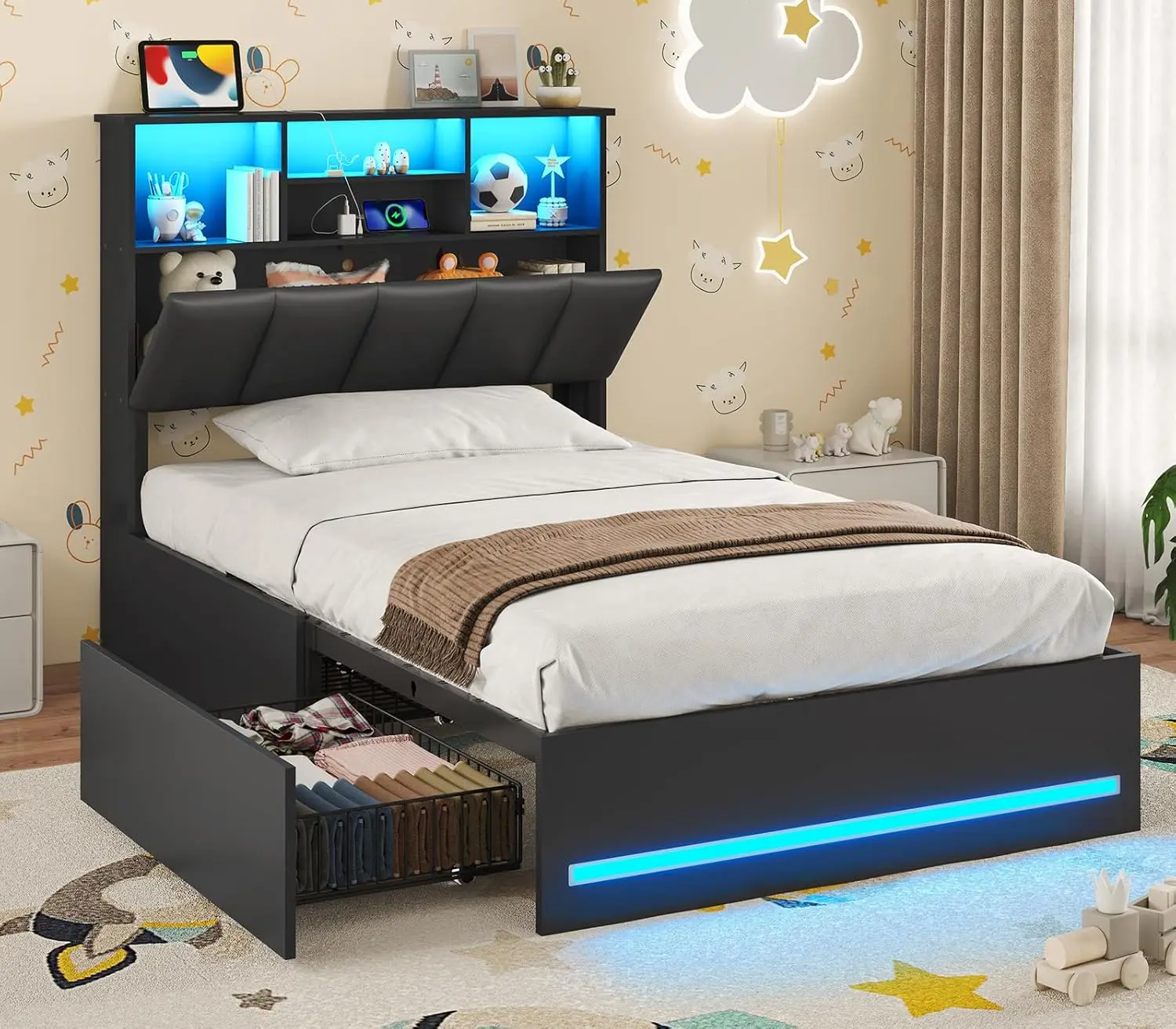 VIAGDO Black Twin Bed Frame with Headboard - Type-C & USB Ports, LED Lights, 4 Storage Drawers, 800lbs Weight Capacity, Remote Control Modes, No Box Spring Needed, Assembly Required, Apartment Furniture