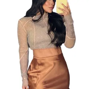 Net Long Sleeve Trending Metallic Women Top - Black Mesh Design, Casual Style, Womenswear - Shirts Blouse Crewneck Chic