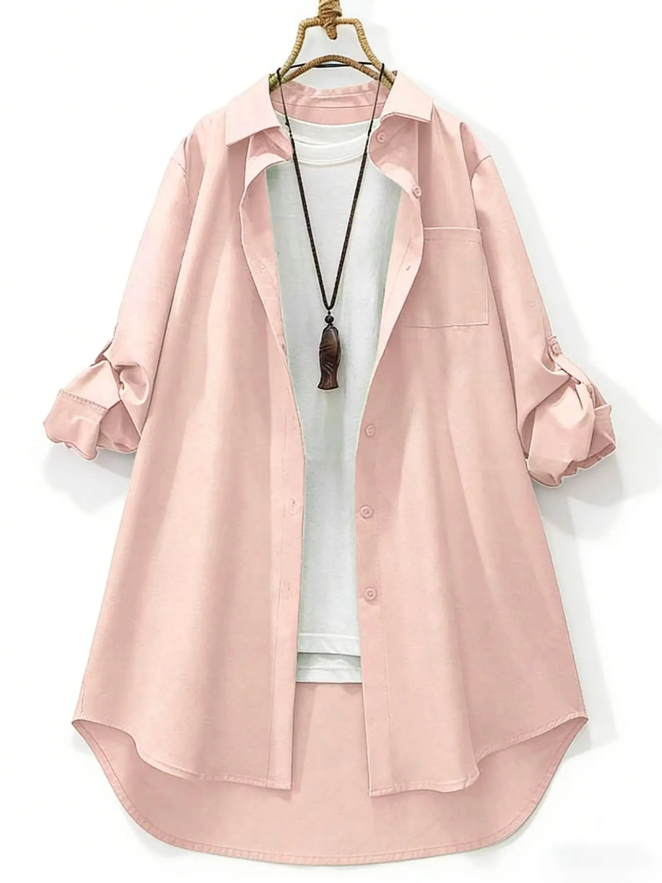 Plus size women's solid color fashionable Ins style minimalist textured mid-length loose fit blouse shirt with lapel, Long Sleeve, suitable for summer, daily casual, and office commuting