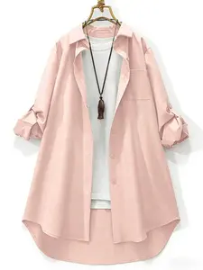 Plus size women's solid color fashionable Ins style minimalist textured mid-length loose fit blouse shirt with lapel, Long Sleeve, suitable for summer, daily casual, and office commuting