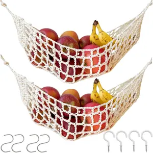2-Pack Hanging Fruit Hammock with Hooks - Macrame Under Cabinet Veggie Banana Basket, Hand-Woven Boho Fruit Holder, Save Counter Space for Kitchen Home RV Boat (Ivory)