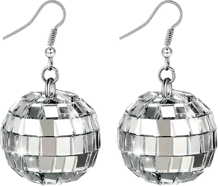 Women's 2.4 cm Ball-Shape Costume Earrings, Sparkly Silver & Gold Reflective Disco Style for 70s Outfits, Dance Event Costumes for Women & Party Accessories