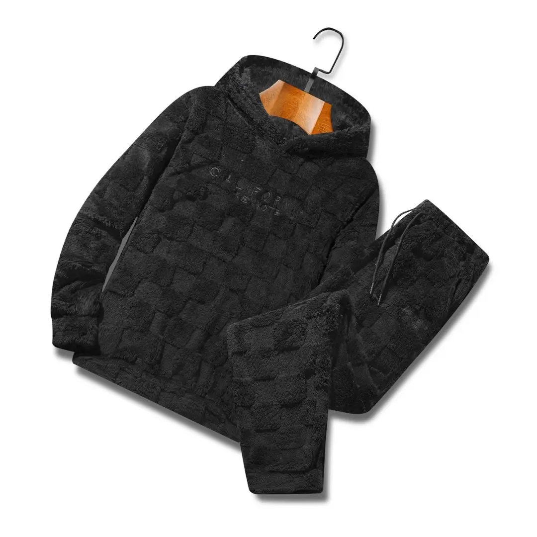 Men's Checked 2-Piece Pajama Set - Fitted Soft Fleece Longsleeve Hoodie, Embroidered Overall Pants, Home Outfits for Casual Sleep & Lounging, 2 Pcs Set, Menswear, Matching, Plaid Pajamas