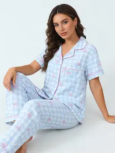Girly Sweet Blue Gingham Bow Pajama Set for Women, Pyjamas, Button Down Short Sleeve Long Pants, Spring Summer Casual Loungewear, Bow Print, Gentle Sweet Homewear