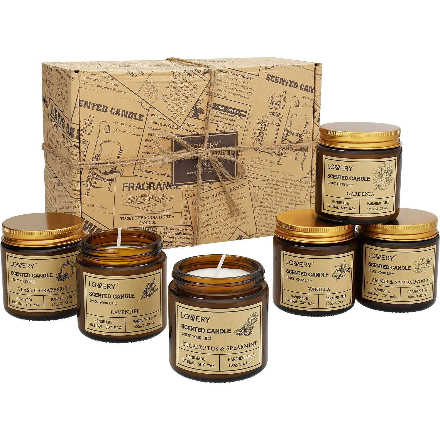Lovery Variety Set-Scented Soy Candle Jars: Amber + Sandalwood & Classic Grapefruit & Eucalyptus + Spearmint & Gardenia & Lavender & Vanilla And All Are 3.53 Oz For Unisex