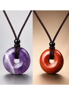 2 Pieces Natural Crystal Agate Amethyst Pendant Necklace, Donut Braided Charm Jewelry, Contemporary Style, All Seasons Wear