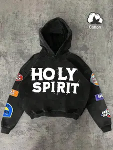 Unisex Oversized Hooded Sweatshirt Long Sleeves, Vintage, Streetwear Featuring Holy Spirit Graphic and Retro Color Blocking, Trendy Y2K Aesthetic for Street Style Lovers and Casual Outings