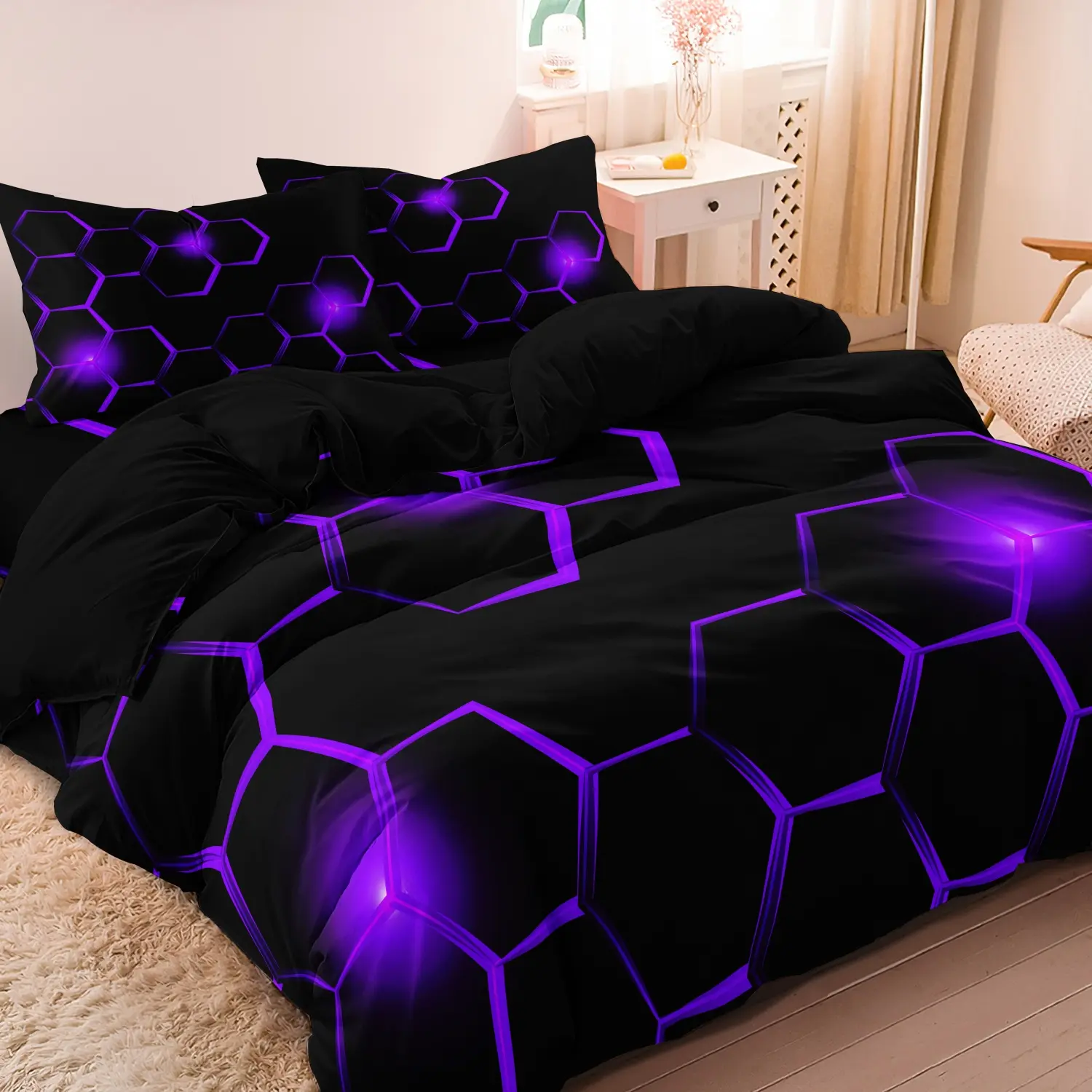 3Pcs Purple Geometric Honeycomb Pattern 3D Printed Cover Set Bed Sets Supplies - Soft Comfortable Modern Bedding Set For Bedroom, Guest Room - 1*Duvet Cover + 2*Pillowcases (No Comforter)