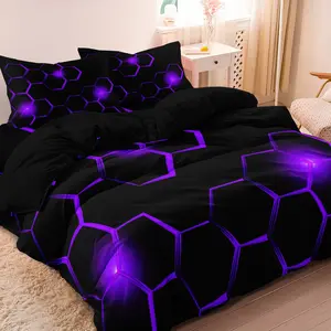 3Pcs Purple Geometric Honeycomb Pattern 3D Printed Cover Set Bed Sets - Soft Comfortable Modern Bedding Set For Bedroom, Guest Room - 1*Duvet Cover + 2*Pillowcases (No Comforter)
