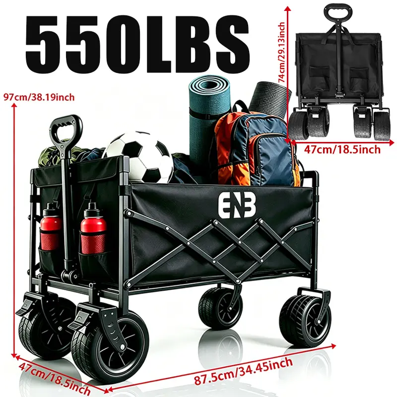 ENB 200L Heavy-Duty Foldable Wagon Cart - 550lb Capacity, Brake System, All-Terrain Wheels, Adjustable Handle, Quick Fold for Camping, Shopping | Collapsible Rolling Cart