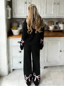 Women's Fall & Winter Casual Loose Homewear Set Outfit, Bowknot Print Drop Shoulder Long Sleeve Hoodie Sweatshirt & Pants, Comfortable Warm Sportswear