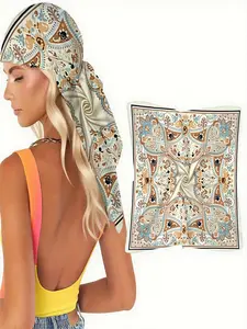 Scarf for hair, head, neck and handbag- Cream, Blue & Brown Paisley & Floral, Versatile shawl Vintage Patterned Style, perfect as a bandana for Spring Gatherings, Boho - Themed Events & Casual Chic Outfits, Floral Headscarf