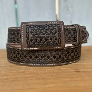 Brown “Rocco” Embroidered Belt with Rectangular Buckle - Men’s Western Belts