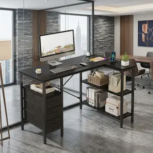 White L-Shaped Gaming PC Desk - Computer Working Desk, Corner Office Furniture with Adjustable Shelves, Drawers, Power Outlet for Home Office, Bedroom Use