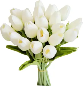 20PCS White Artificial Tulip Flowers – 13.5" Realistic Silk Faux Tulips for Spring Decor, Mother’s Day & Easter Gifts, Bulk Fake Flowers for Wedding Centerpieces, Home, Kitchen, Office, and Party Decorations Bouquet