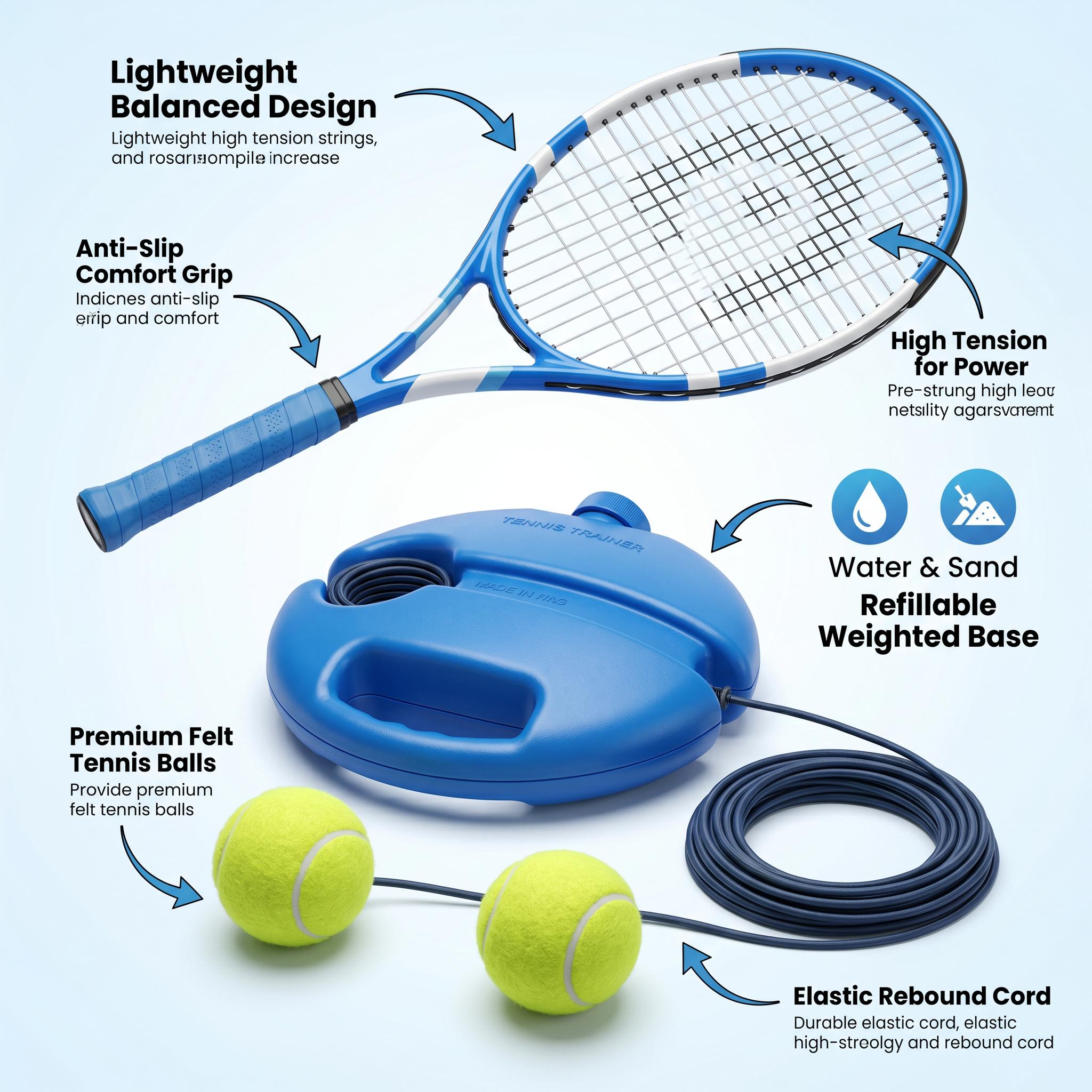 Solo Tennis Trainer Rebound Set with Racket & 2 Balls - Portable Self-Practice Equipment Solo Tennis Trainer Rebound Set with Racket & 2 Balls - Portable Self-Practice Equipment