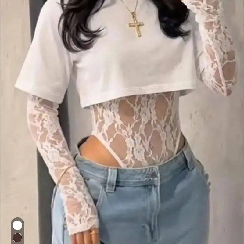 Women's Floral Lace Bodysuit, Crew Neck Crop Top, Sexy Patchwork Design, Long Sleeve Fitted Pullover, Perfect for Evening Night Out