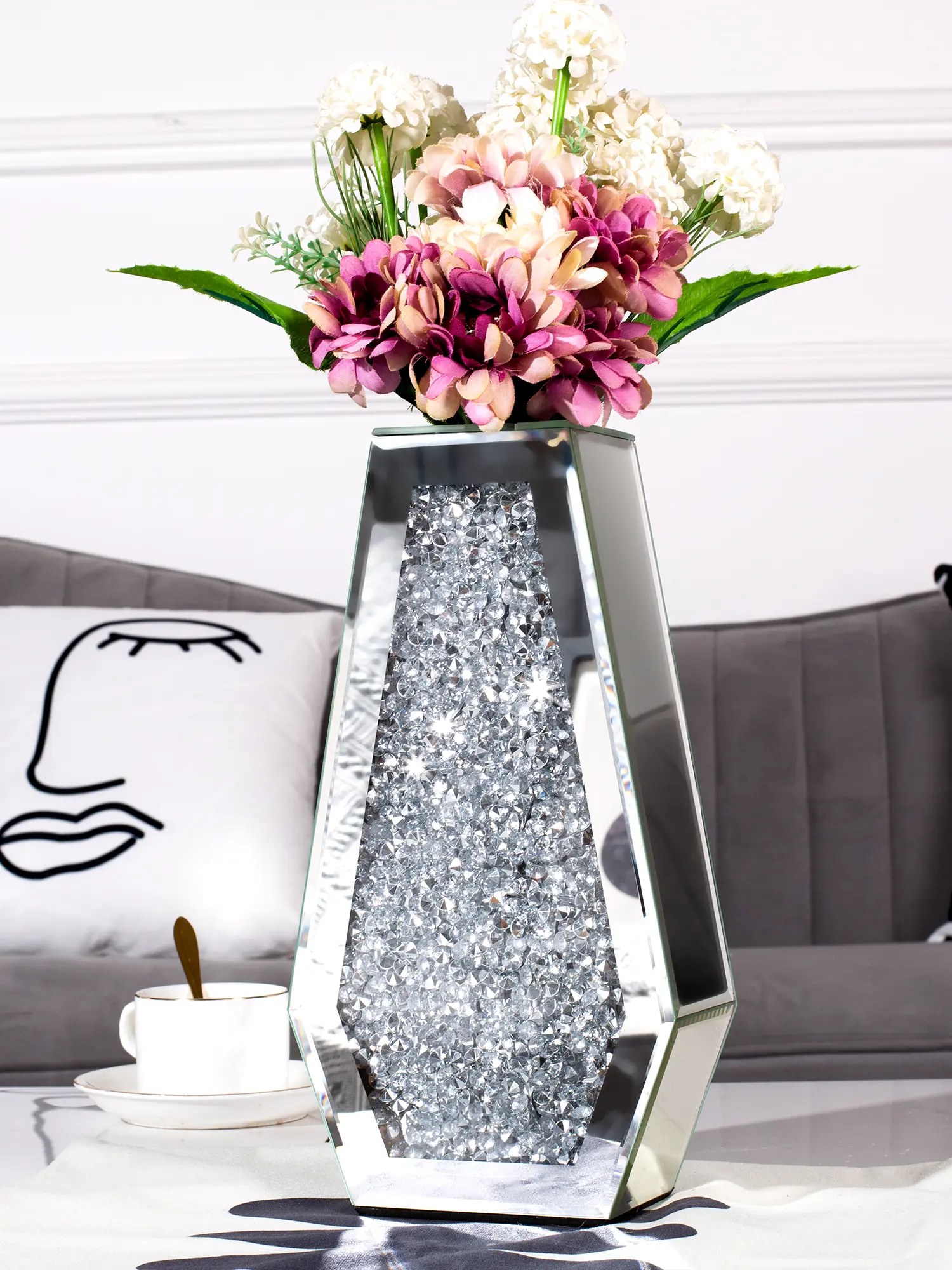 SHYFOY Silver 12" Crushed Diamond Glass Vase - DIY Flower Holder, Luxurious Centerpiece, Modern Plant Container for Indoor/Outdoor Home Decor, Wedding Ornaments, Diy Flower Vase, Luxurious Centerpieces Vases