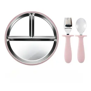 304 Stainless Steel Divided Suction Plate Set with Silicone Spoon & Fork, Baby Training Tableware, Non-slip & Drop-resistant