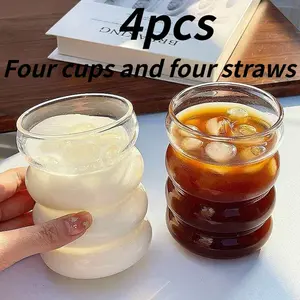 4pcs High Borosilicate Glass Transparent Heat-Resistant Cups, Cute Spiral Design, Juice Milk Glasses, Wave Pattern, Durable & Stylish