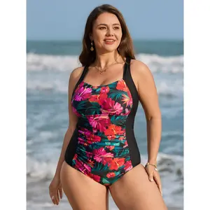 【Summer Turn-Up】【Tummy Control】BLOOMCHIC Plus Size Tropical Floral Print Colorblock One-Piece Swimsuit [M-6X] 2026 Summer Pick for Mother's Day