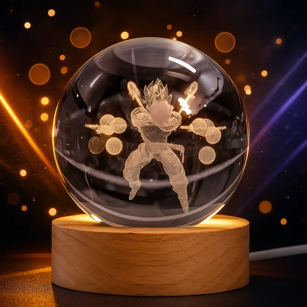 DBZ 3-in Novelty Lighting Crystal Ball with 3D Laser-Engraved Cartoon Character Battle Scenes, USB LED Light Base, Home Decor Statue, Exquisite Christmas Gift for Anime Fans