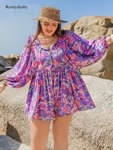 Plus Size Floral Print Button Front Tie Front Wide Leg Romper, Boho Tie Neck Bishop Sleeve Romper for Beach Vacation Holiday, Women's Plus Clothing for Summer