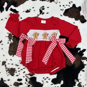 LR0393--Christmas long sleeve embroidery gingerbread cotton baby girls bubble