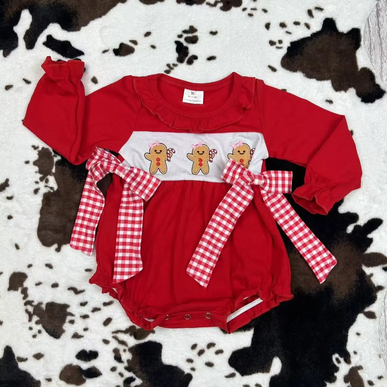 LR0393--Christmas long sleeve embroidery gingerbread cotton baby girls bubble