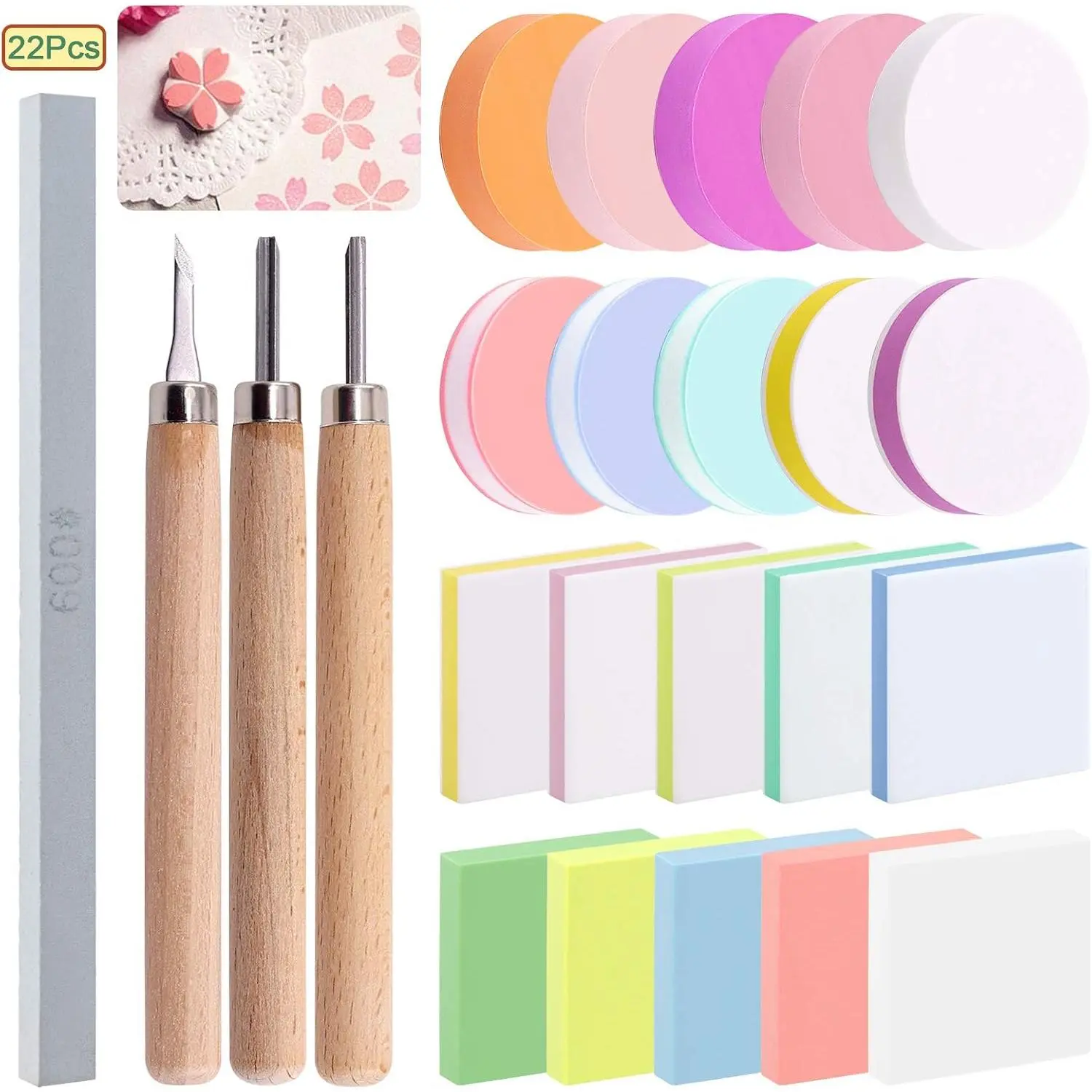 24 Pieces Block Printing Starter Tool Kit, Rubber Stamps Making Set with Round & Square Rubber Carving Blocks, Linoleum Cutter Tools & Grindstone for Stamp Carving and Printmaking