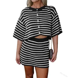 Imily Bela Women's 2-Piece Ribbed Stripe Fitted Cropped Knit Matching Set, Summer Short-Sleeve Round Neck Button-Up Cardigan Top with Casual Beach Mini Skirt for Women's Clothes