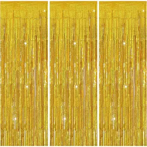 3-Pack Reflective Shiny Foil Fringe Curtain Backdrops with Double-Tape, Streamers for Halloween, Door, Birthday Party Decorations, Photo Booth Props