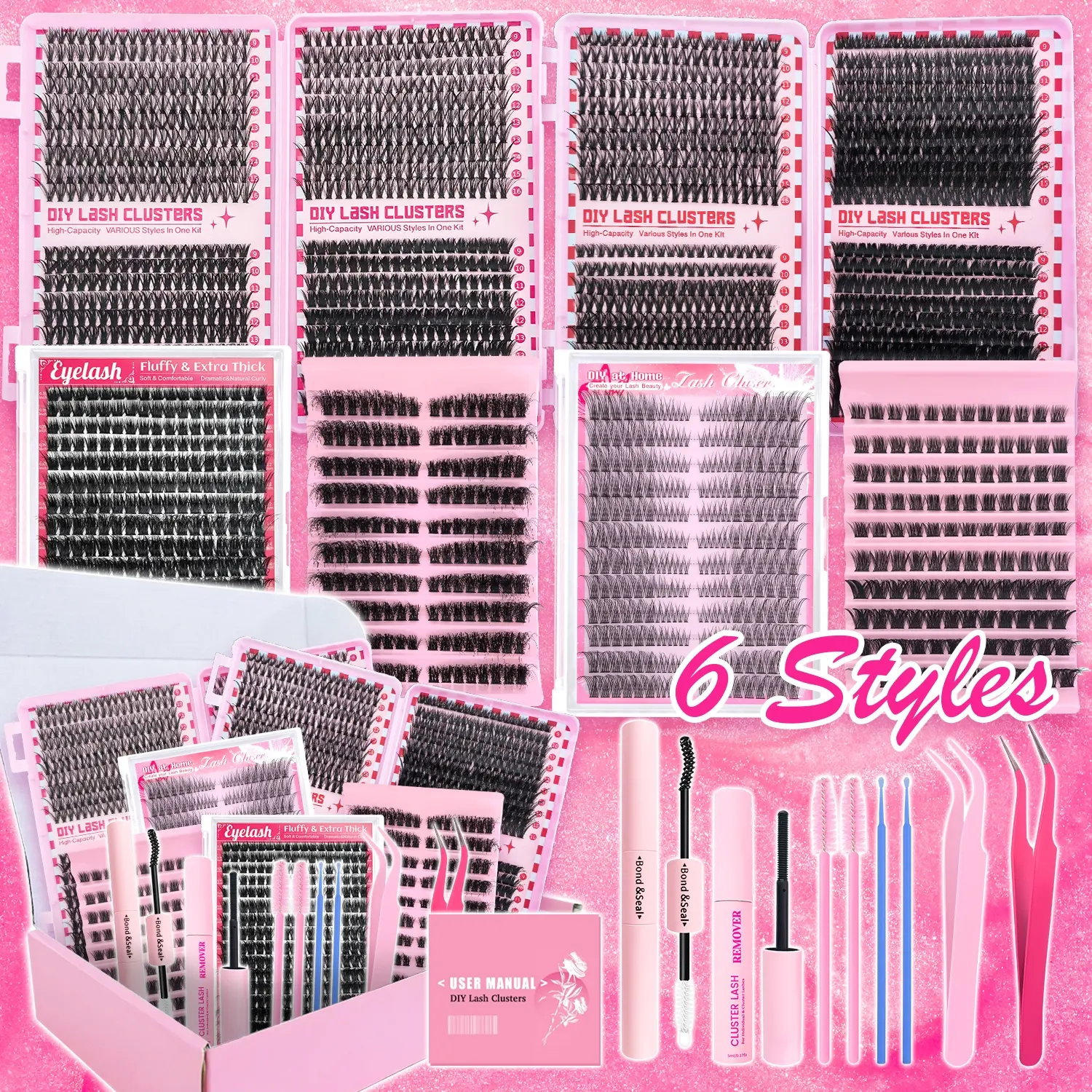 6 Styles Mega/ultra/ Dramatic/Volume/ Lash Clusters Kit, Waterproof Lashes Clusters Extensions, DIY Eyelash Extensions for Beginners & Pros, Easy DIY at Home, Soft Comfortable Easy Apply Natural Look for Daily Makeup, False Eyelashes Set