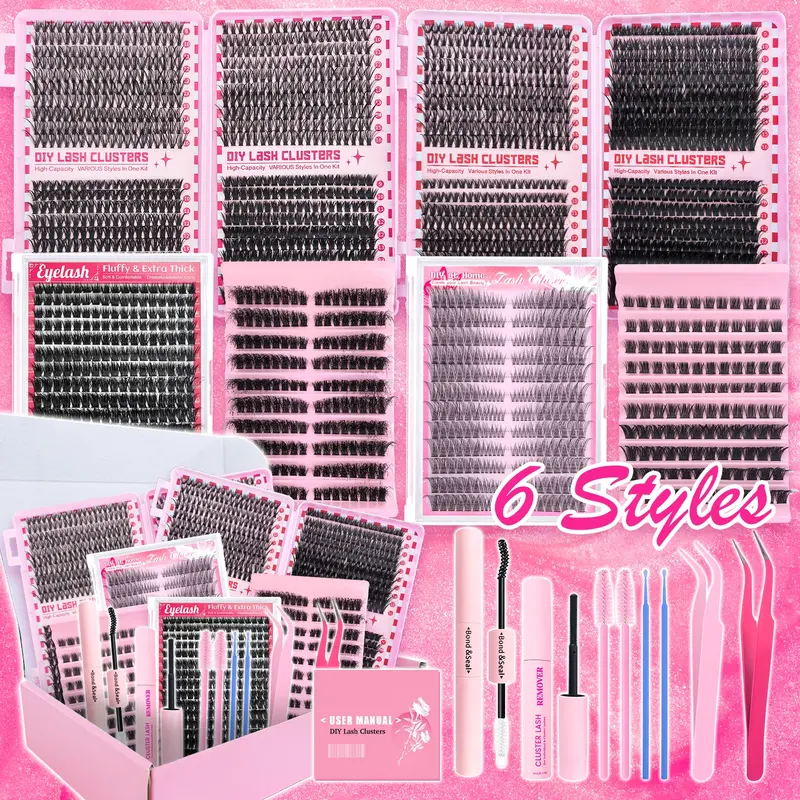 6 Styles Mega/Ultra/Dramatic Volume Lash Clusters Kit, Makeup Lash Clusters, Waterproof Lashes Clusters Extensions, DIY Eyelash Extensions for Beginners & Pros, Easy DIY at Home, Soft Comfortable Easy Apply Natural Look, False Eyelashes Set