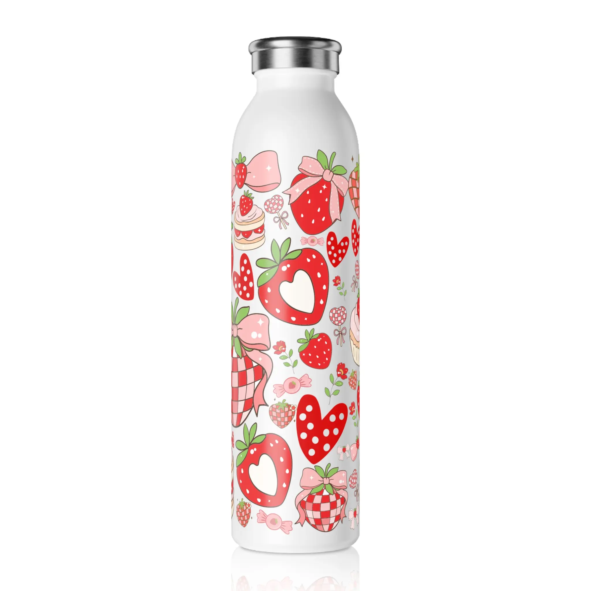 Strawberry Slim Water Bottle, Cute Water Bottle, Reusable Water Bottle, Floral Drink Container, Summer Hydration Bottle