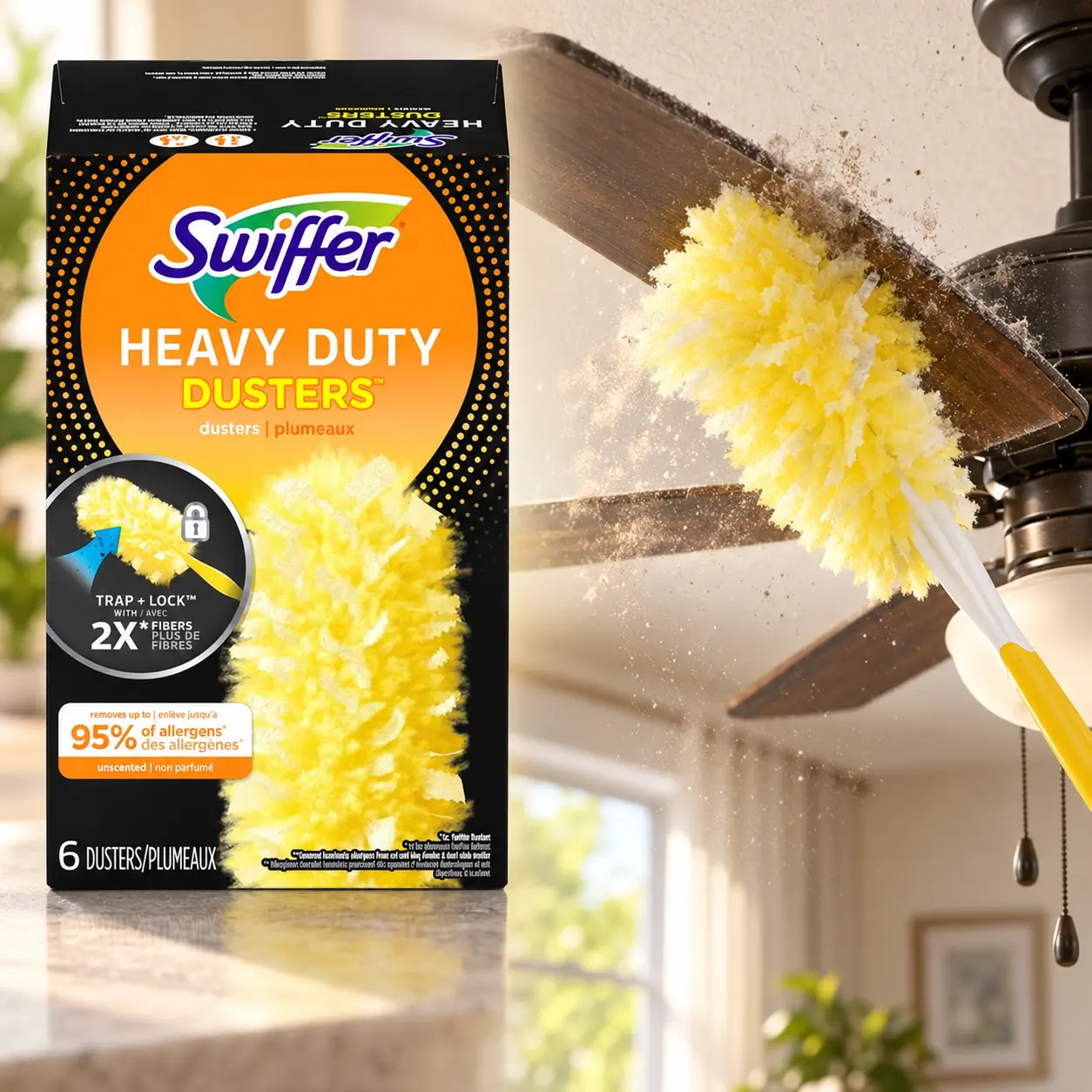 Swiffer Heavy Duty Dusters Unscented Refills 6 Count,Trap + Lock,2X fibers,95% allergen removal,360-degree fibers,dust,hair,pet dander,dust mite matter,fan blades,blinds,keyboard,vents,bookcases,inside vases,car interior,electronics,furniture,knickknacks