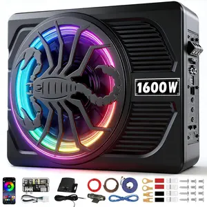 1600W Slim Under Seat Car Subwoofer and Amp Package 12V Powered Subwoofer with Built-in Amplifier 300HZ Subsonic Deep Bass RGB Beat Light Low Pass Gain Bass Boost Control for Truck SUV Jeep Car Audio System